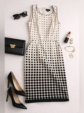 Tahari Sleeveless Polka Dot Sheath Dress Black White Size 8 Work Office